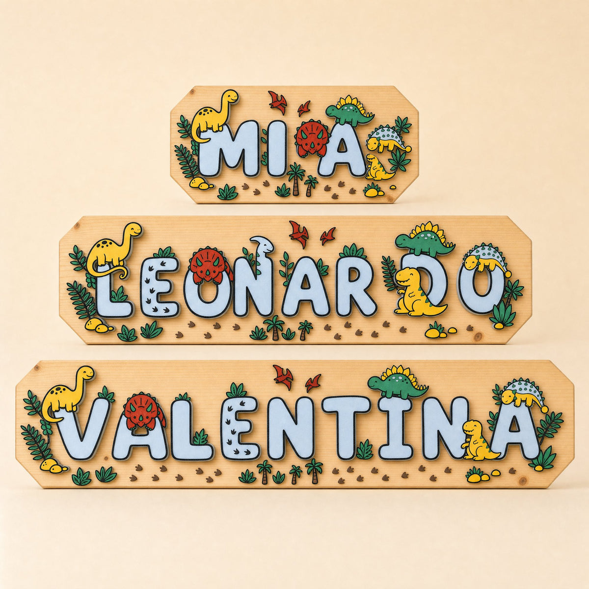 Drei Schilder unterschiedlicher Länge im Vergleich: Mia, Leonardo, Valentina