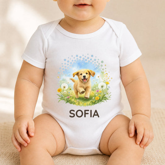 Baby trägt den weißen Body mit Hündchen-Motiv und dem Namen Sofia
