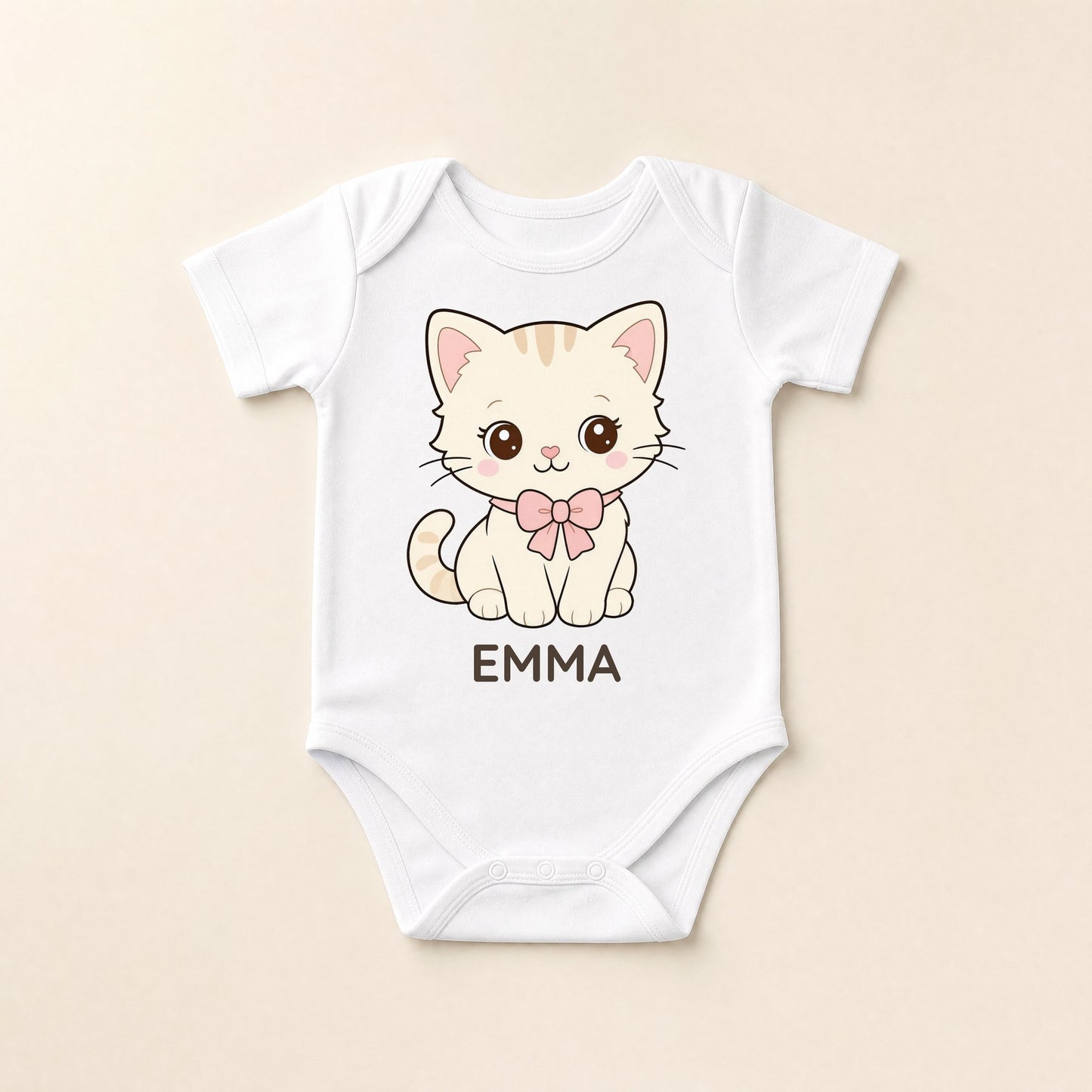 Weißer Baby-Body mit Kawaii-Kätzchen und dem Namen Emma auf der Brust