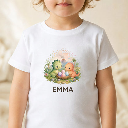 Kind trägt das T-Shirt mit Dinosaurier-Familie und dem Namen Alice