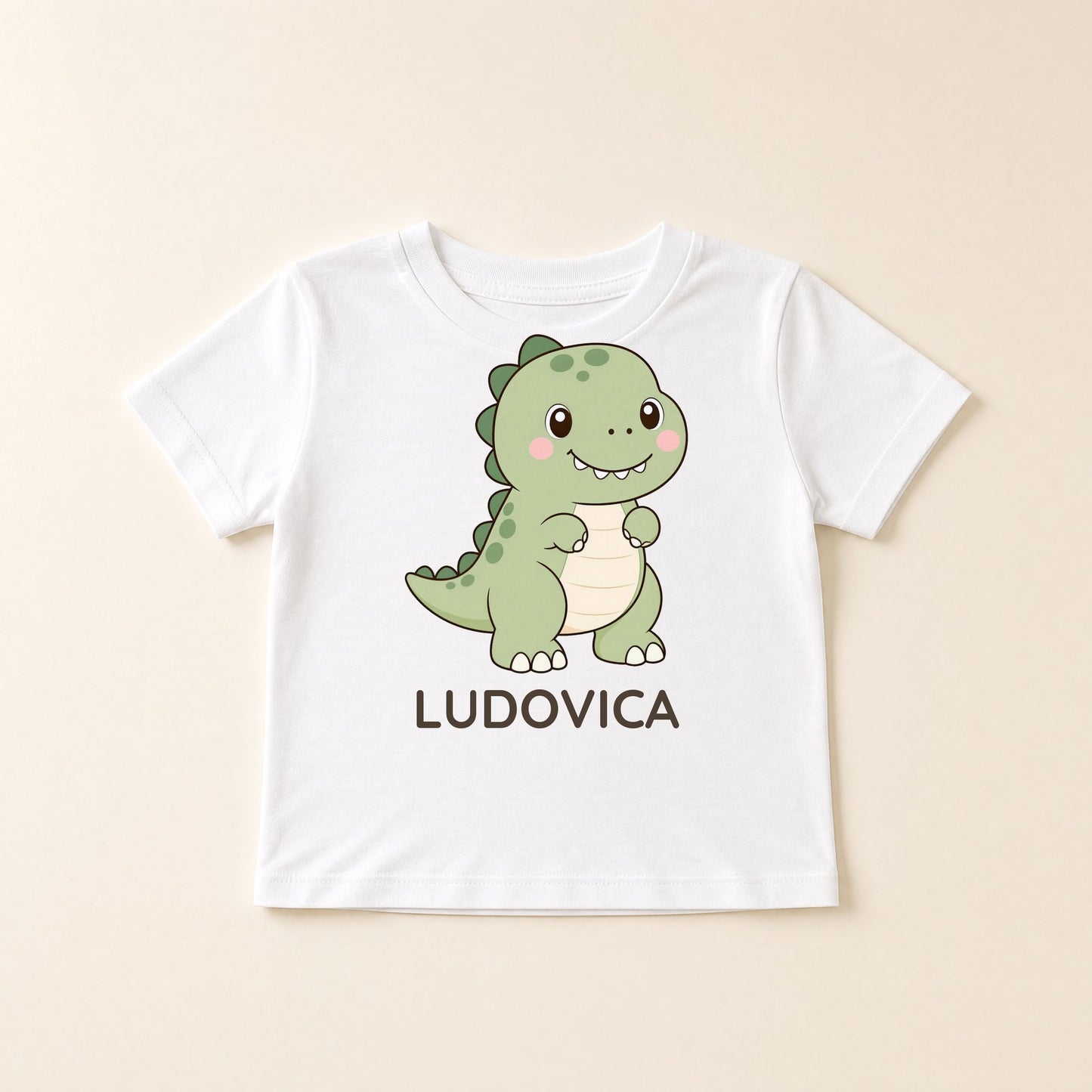 Weißes Kinder-T-Shirt mit Kawaii-Dinosaurier und dem Namen Ludovica