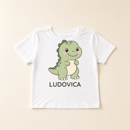 Weißes Kinder-T-Shirt mit Kawaii-Dinosaurier und dem Namen Ludovica