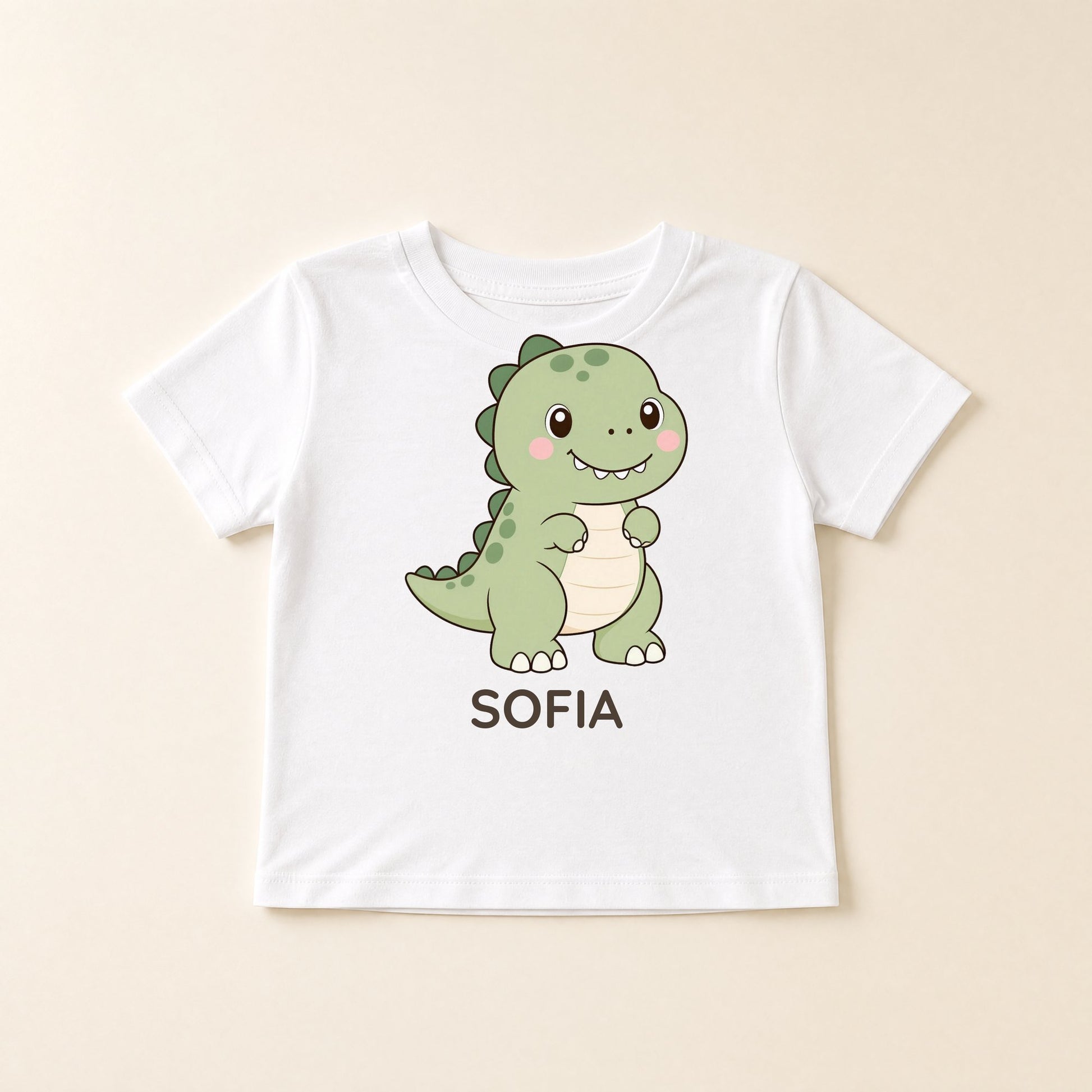 Weißes T-Shirt flach liegend mit Kawaii-T-Rex und dem Namen Sofia