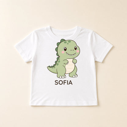 Weißes T-Shirt flach liegend mit Kawaii-T-Rex und dem Namen Sofia