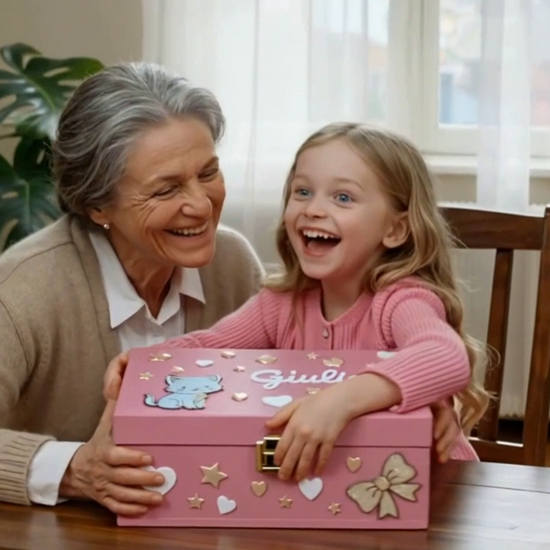 Video einer Großmutter, die ihrer Enkelin Emilia eine personalizzata rosa Erinnerungsbox mit Katzen-Motiv schenkt – ein emotionales Geschenk für besondere Momente.