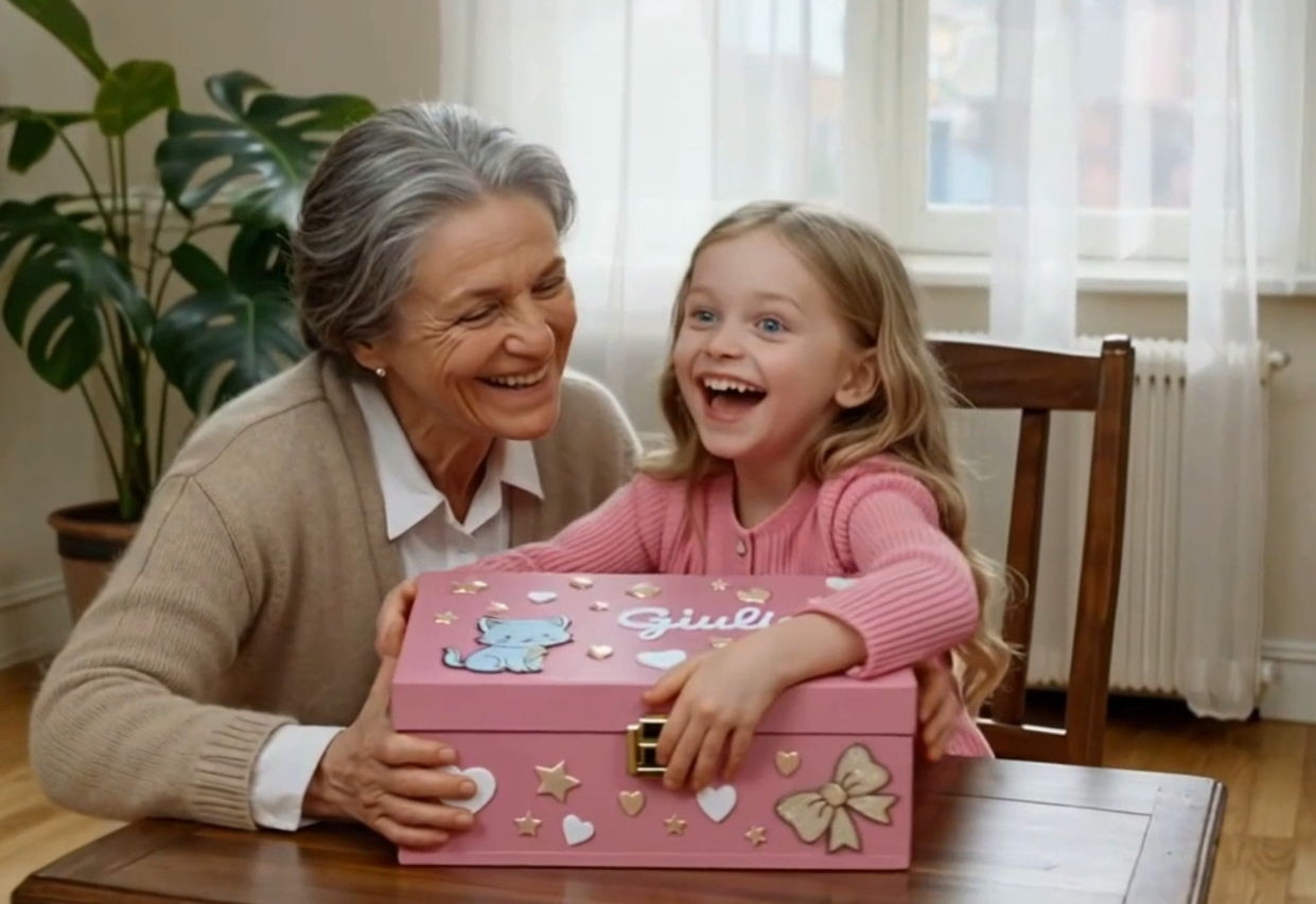 Video einer Großmutter, die ihrer Enkelin Emilia eine personalizzata rosa Erinnerungsbox mit Katzen-Motiv schenkt – ein emotionales Geschenk für besondere Momente.