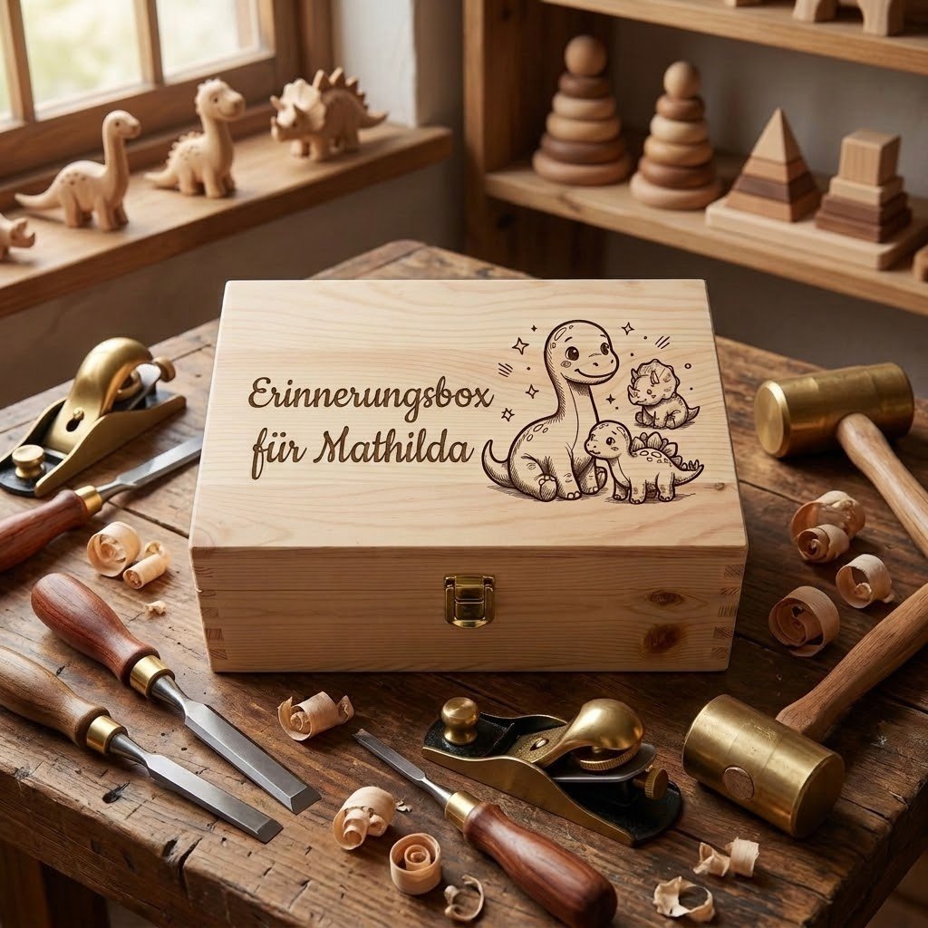 Handgefertigte personalisierte Erinnerungsbox aus Holz mit der Gravur "Erinnerungsbox für Mathilda" und Illustrationen von Baby-Dinosauriern, abgelegt auf einer Tischlerwerkbank zwischen Werkzeugen und Holzspänen.