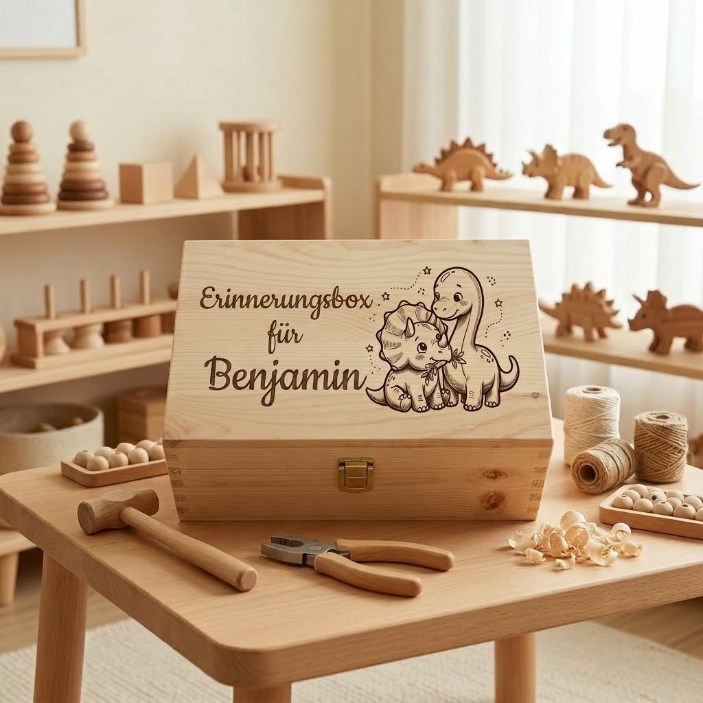 Personalisierte Erinnerungsbox aus Holz für Jungen mit Gravur des Namens Benjamin und zwei kleinen Dinosauriern, handgefertigtes Schmuckkästchen auf einem Tisch mit Holzspielzeug.