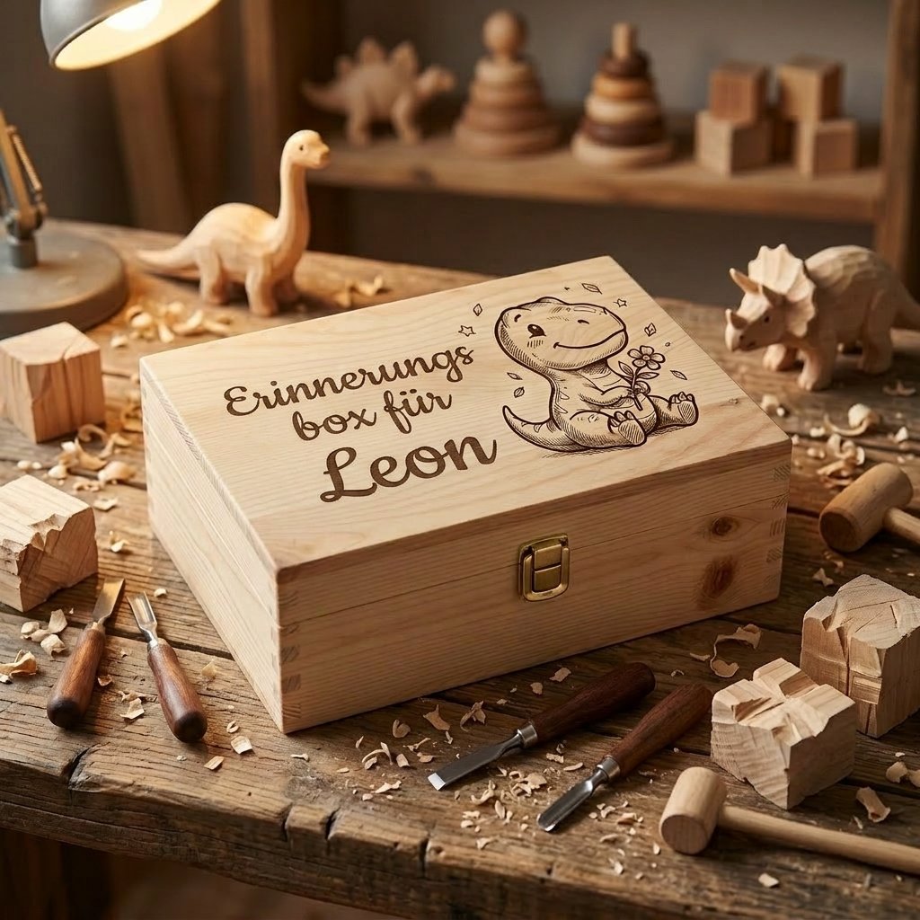 Personalisierte Erinnerungsbox aus Holz mit der Gravur "Erinnerungsbox für Leon" und einem süßen Dinosaurier-Baby, mit goldenem Metallverschluss, abgelegt auf einer rustikalen Tischlerwerkbank mit Werkzeugen und Holzspielzeug im Hintergrund.
