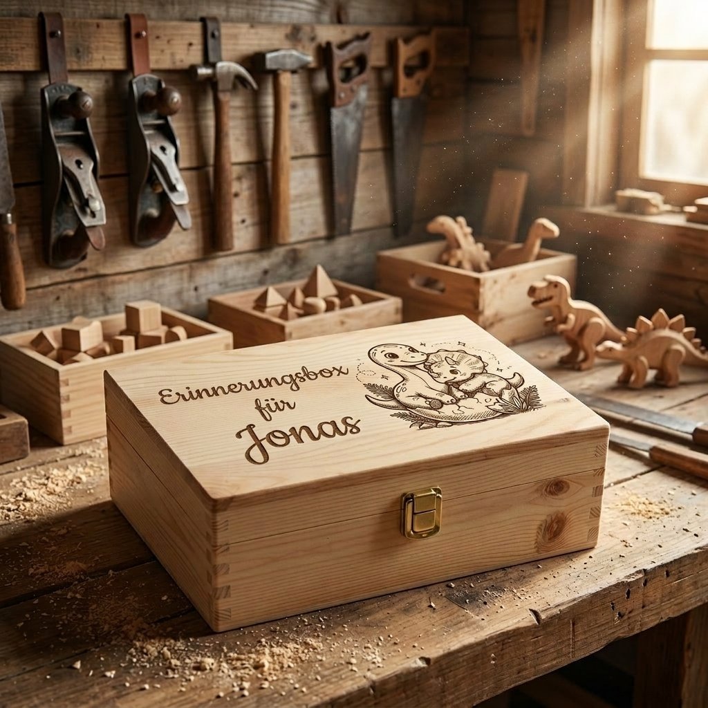 Personalisierte Erinnerungsbox aus Holz mit der Gravur "Erinnerungsbox für Jonas" und Illustration eines Dinosaurier-Babys, mit goldenem Metallverschluss, abgelegt auf einer rustikalen Tischlerwerkbank mit Holzspänen, Werkzeugen und Holzspielzeug im Hintergrund.
