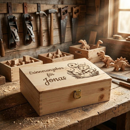 Personalisierte Erinnerungsbox aus Holz mit der Gravur "Erinnerungsbox für Jonas" und Illustration eines Dinosaurier-Babys, mit goldenem Metallverschluss, abgelegt auf einer rustikalen Tischlerwerkbank mit Holzspänen, Werkzeugen und Holzspielzeug im Hintergrund.