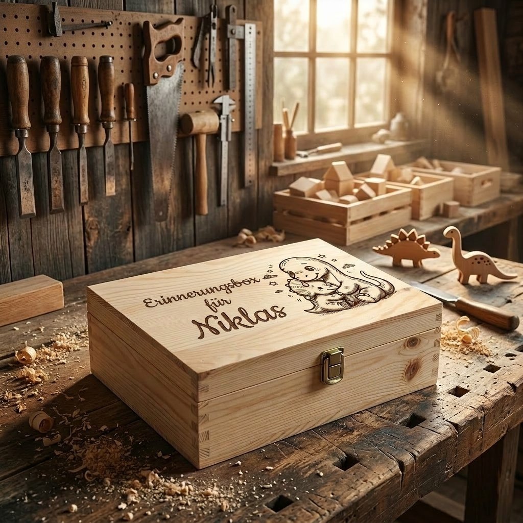 Personalisierte Erinnerungsbox aus Holz mit der Gravur "Erinnerungsbox für Niklas" und Dinosaurier-Zeichnung, handgefertigt, abgelegt auf einer rustikalen Tischlerwerkbank mit Holzspänen, Werkzeugen und Holzspielzeug im Hintergrund.
