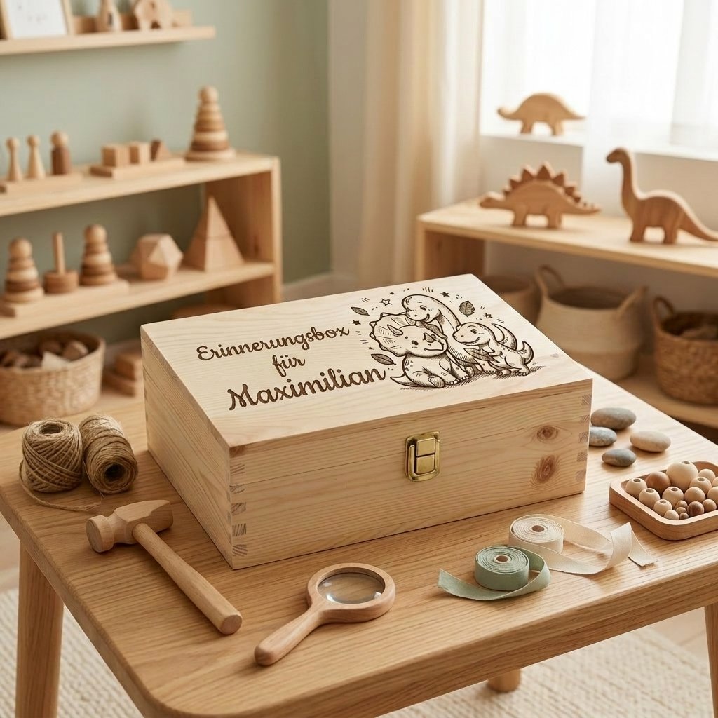 Personalisierte Holz-Erinnerungsbox für Kinder mit dem Namen Maximilian und Dinosaurier-Gravur, platziert auf einem Tischchen mit Accessoires und Holzspielzeug im Montessori-Stil.