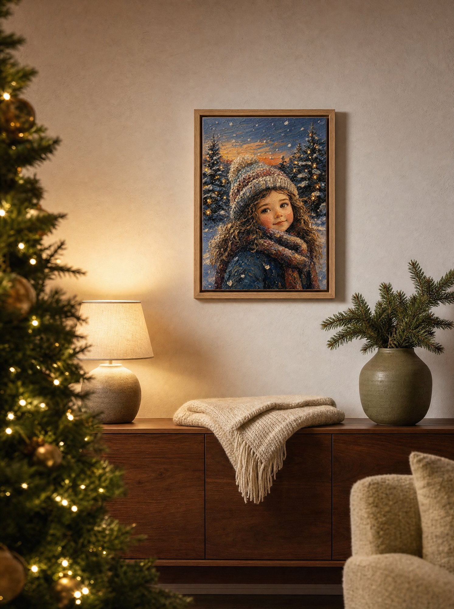 Il quadro appeso in salotto la sera, sopra una credenza illuminata, con l'albero di Natale sullo sfondo