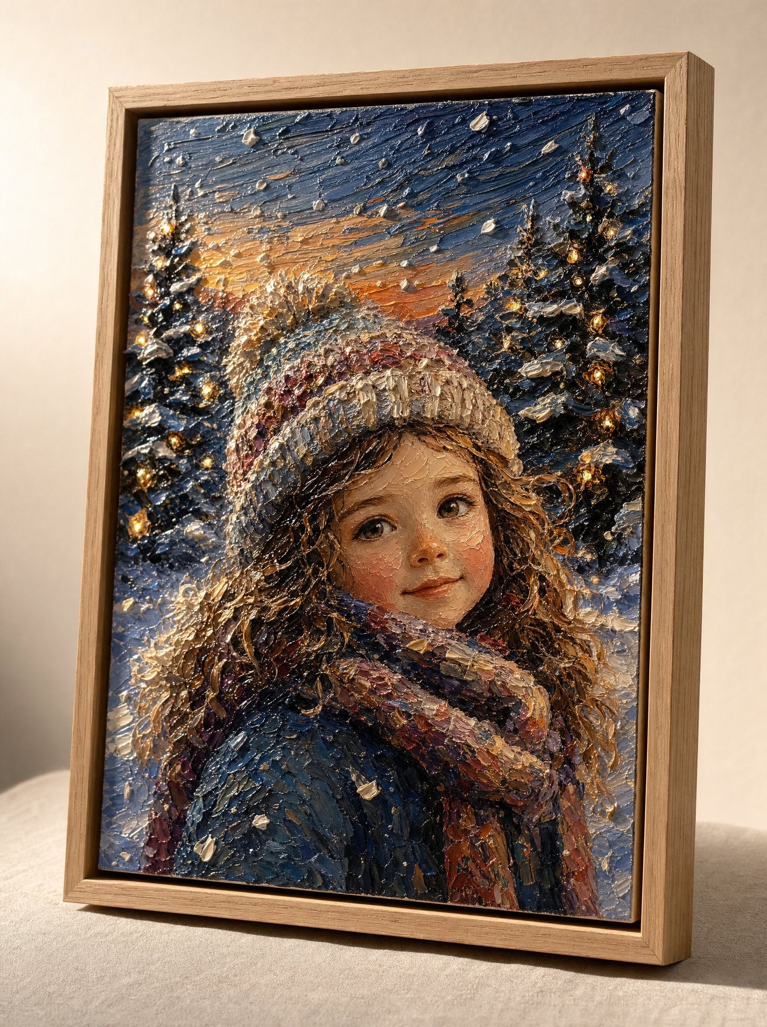 Quadro in rilievo incorniciato, bambina col cappello di lana in un bosco innevato al tramonto