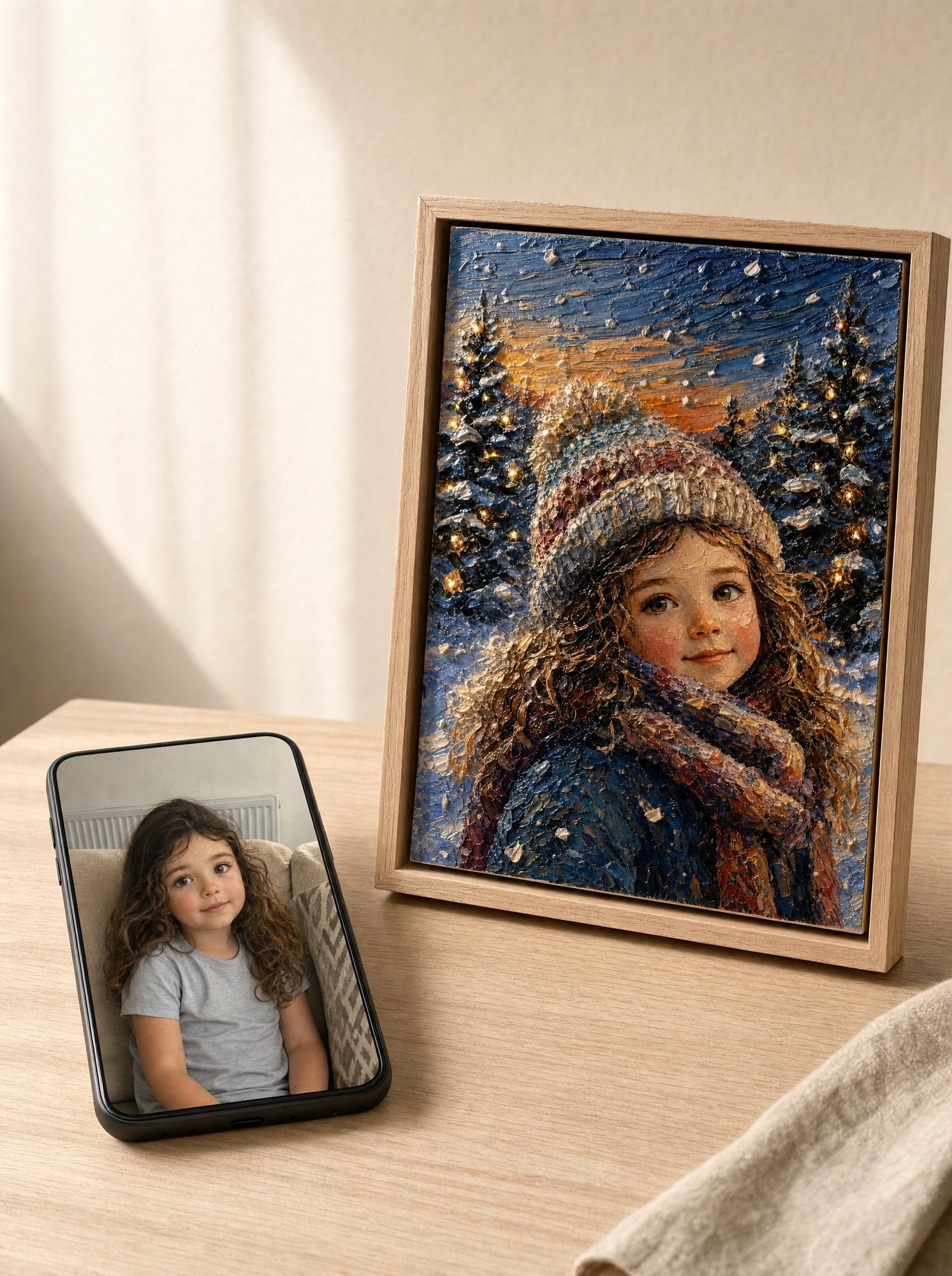 Smartphone con la foto originale della bambina accanto al quadro finito
