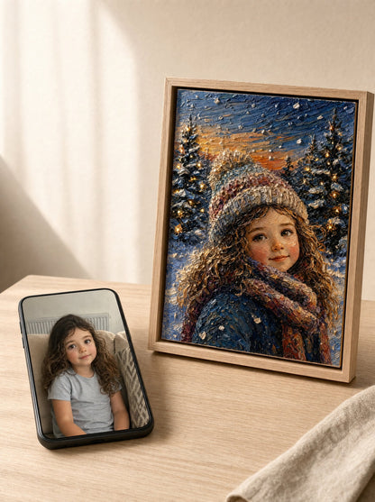 Smartphone con la foto originale della bambina accanto al quadro finito