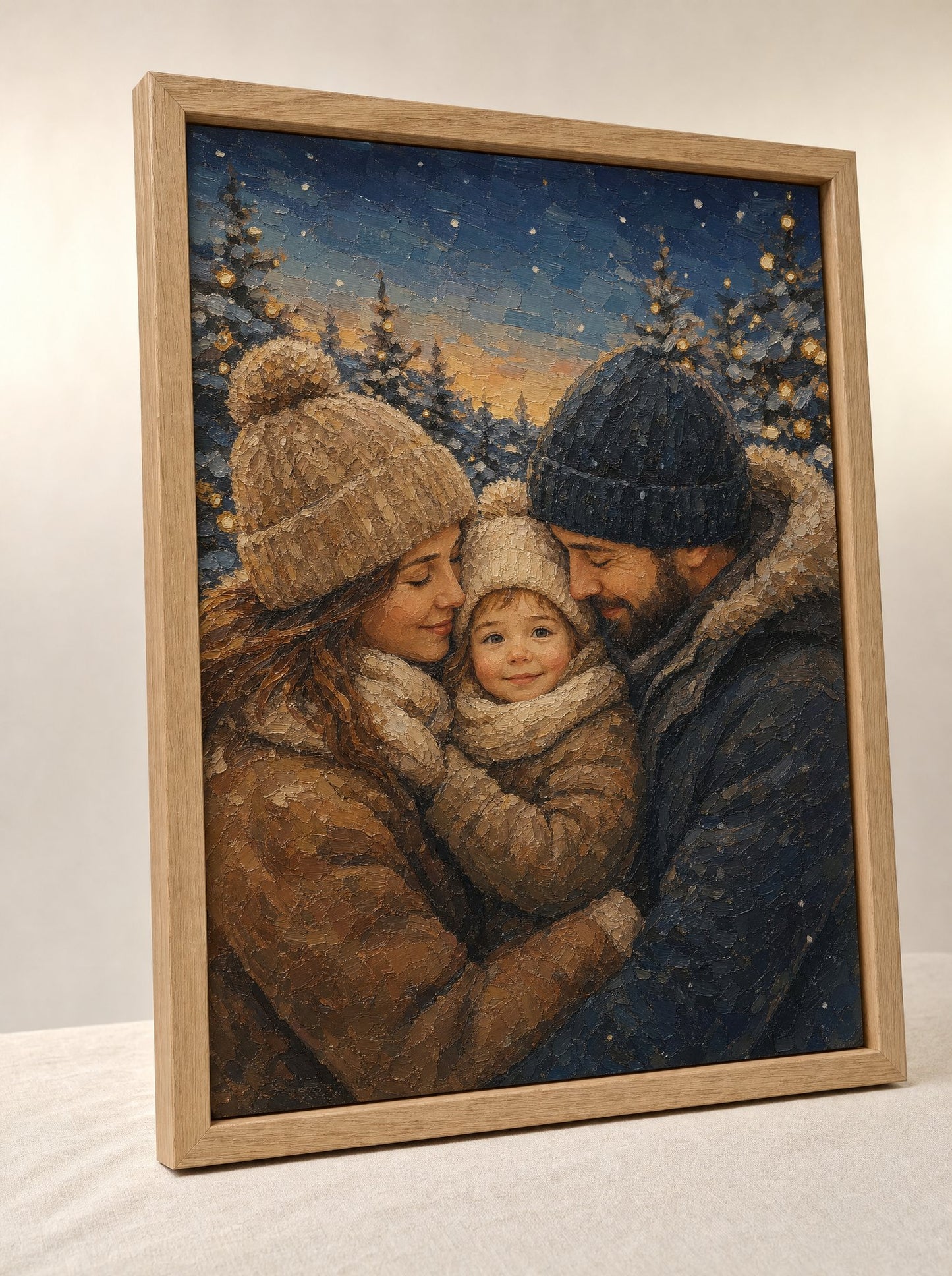 Ritratto di famiglia in rilievo, genitori e bambino abbracciati nello stesso paesaggio invernale
